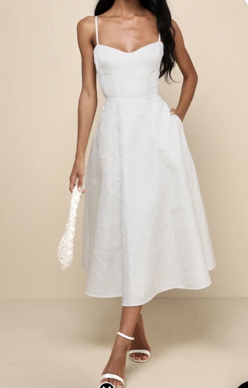 Lulus Meet For Tea White Jacquard Bustier Midi Dress With Pockets Sz L#16
